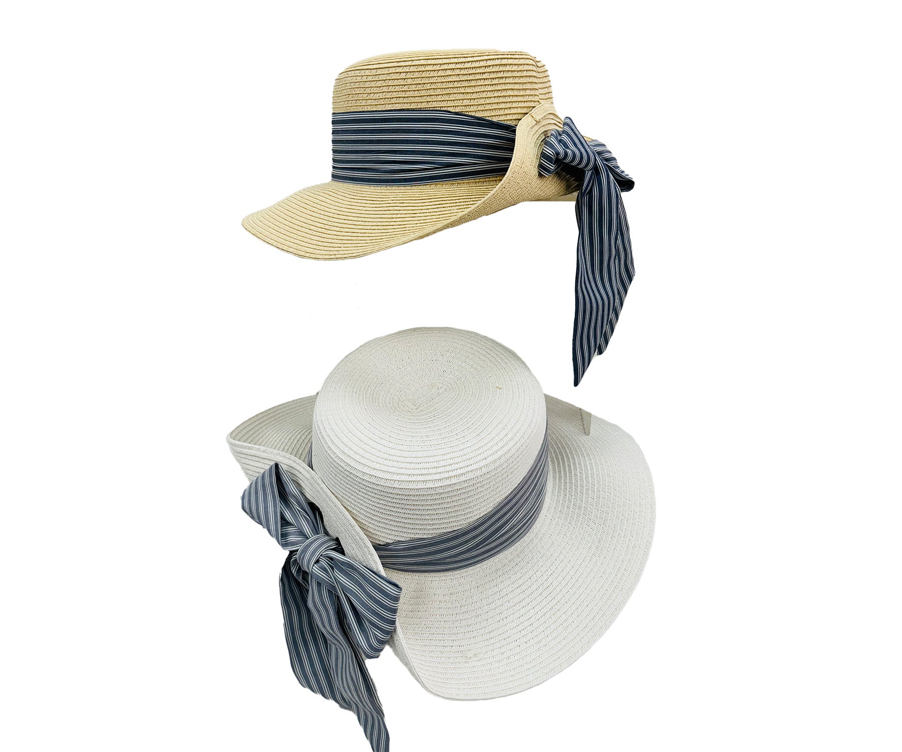 H12A - HH2844 - Striped Blue Sash Straw Hat